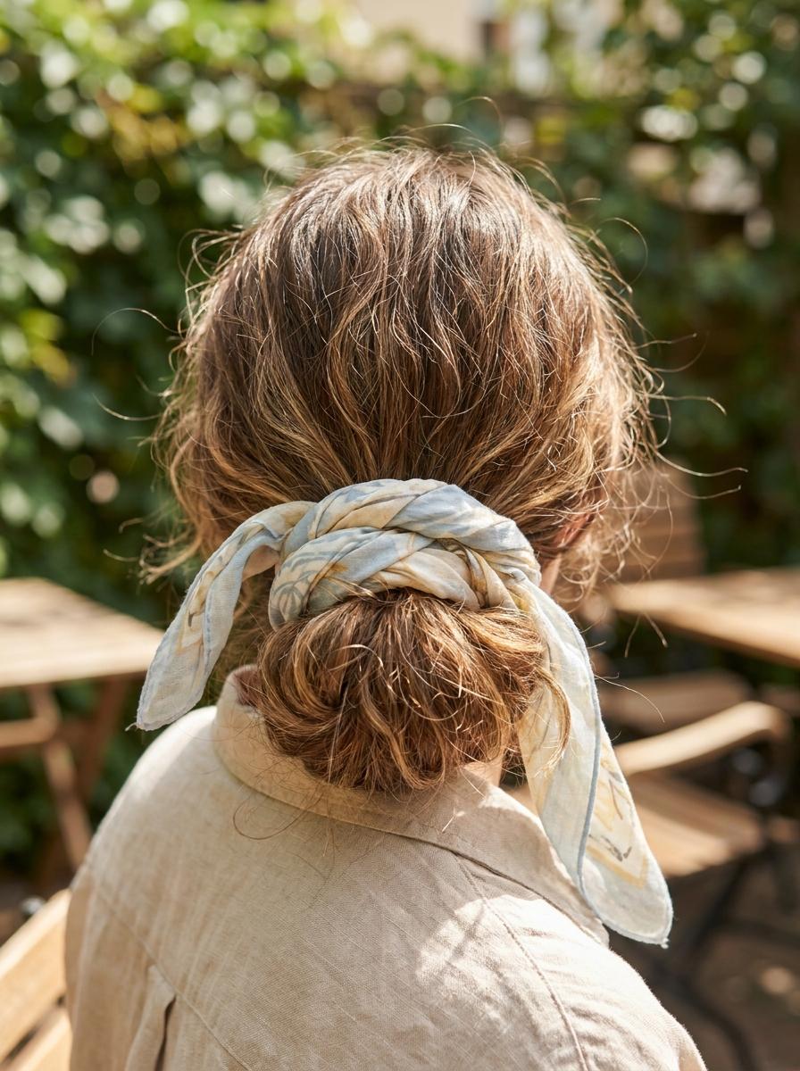 Einfache Sommerfrisur mit lockerem Tuch-Dutt - Sommerfrisur für lange Haare